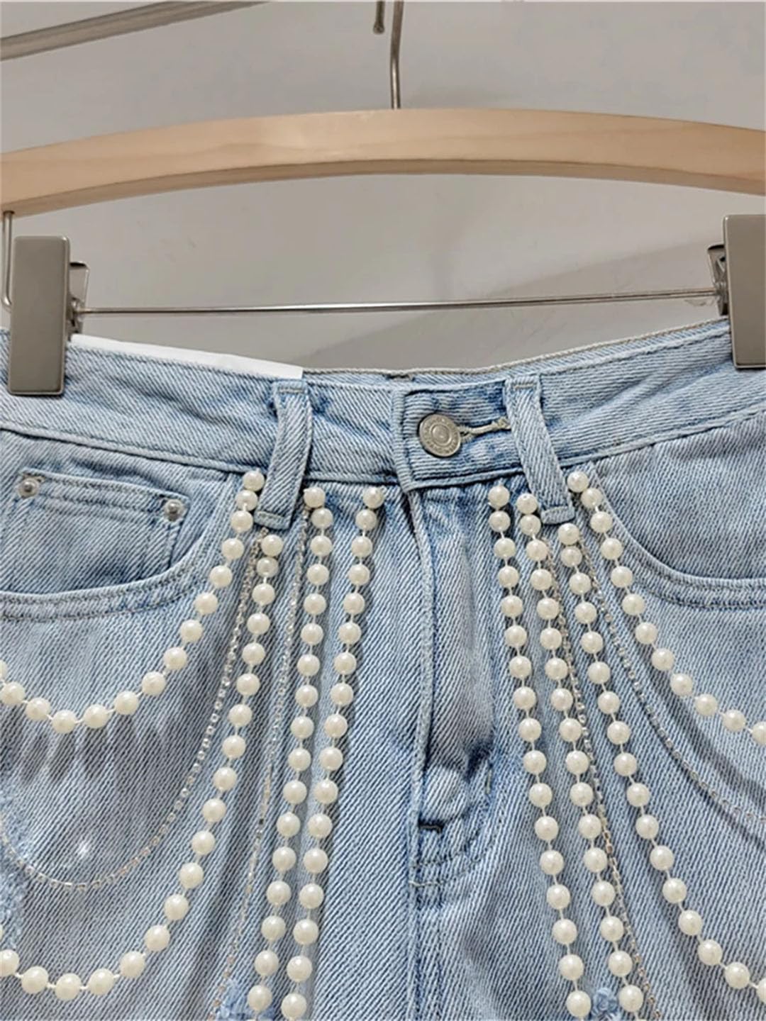 Women's Denim Shorts High Waist Broken Holes Pearls Beading Diamonds Short Pants