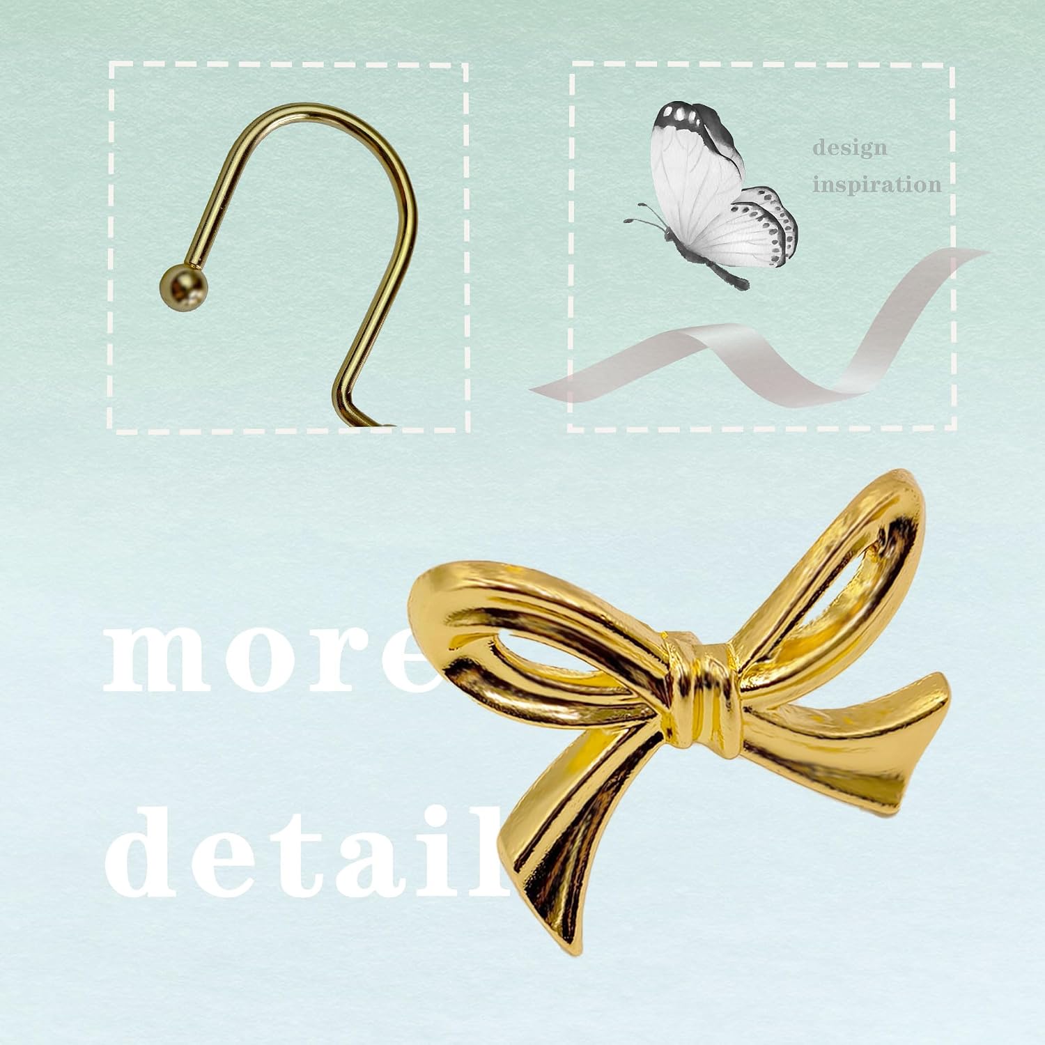 Gold Shower Curtain Hooks, 12 Pack Bow Shower Curtain Rings, Decorative Metal Rust Proof Curtain Hangers with 3D Ribbon Design, Cute Coquette Bathroom Decor
