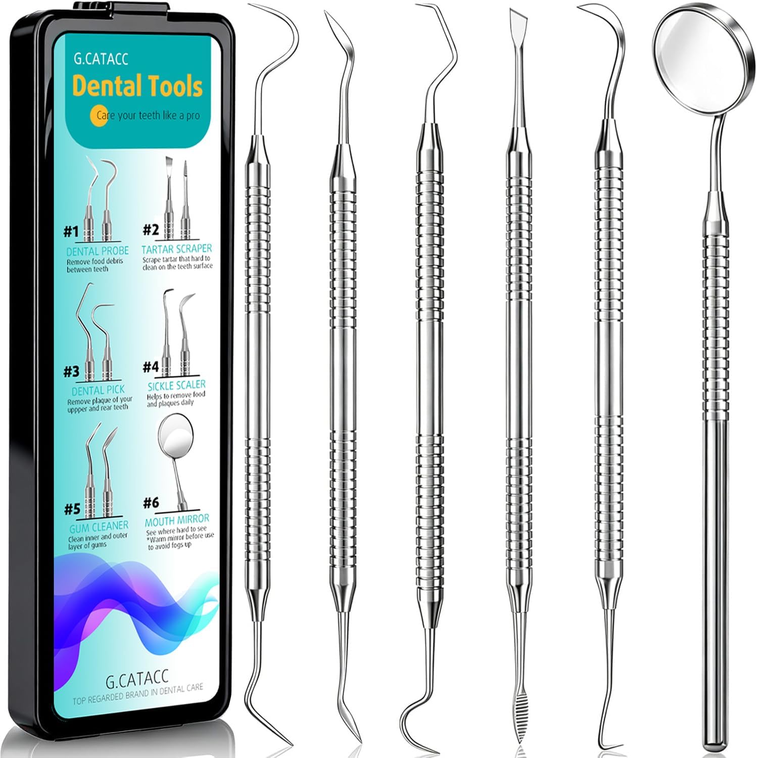 Dental Pick Tools Kit, Tooth Scraper Plaque Tartar Remover | 6-in-1, Stainless Steel, Deep Clean, Teeth Whitening, Oral Hygiene Kit, Home Use Between Dentist Visit, Pets, with Case
