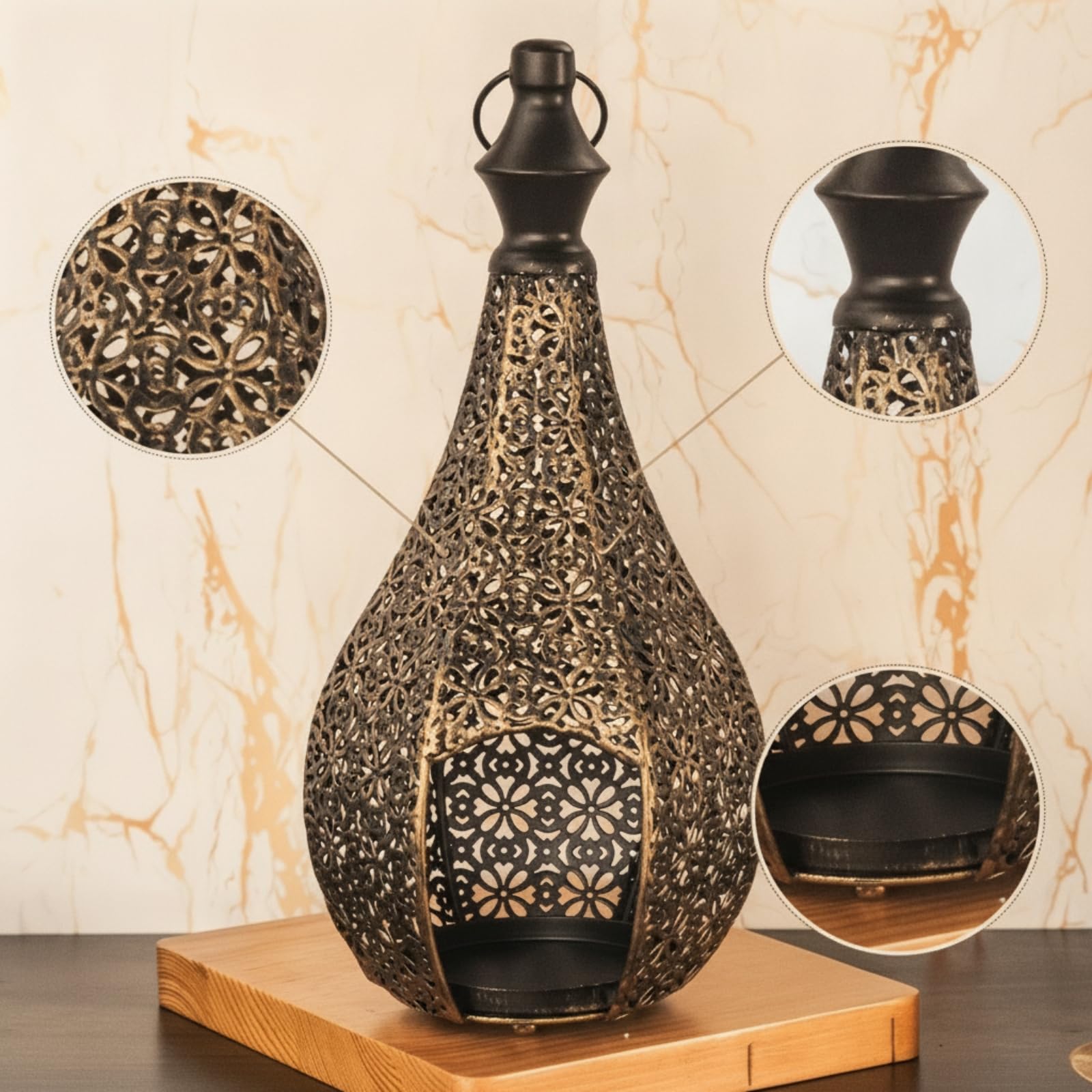 Portacandele Decorativo Lanterna Nordafricana con Motivo Traforato Facilità di Inserimento Candela Trasportabile con Manico Adatto per Tavolo Atmosfera Accogliente, Stile DLZT-5-2