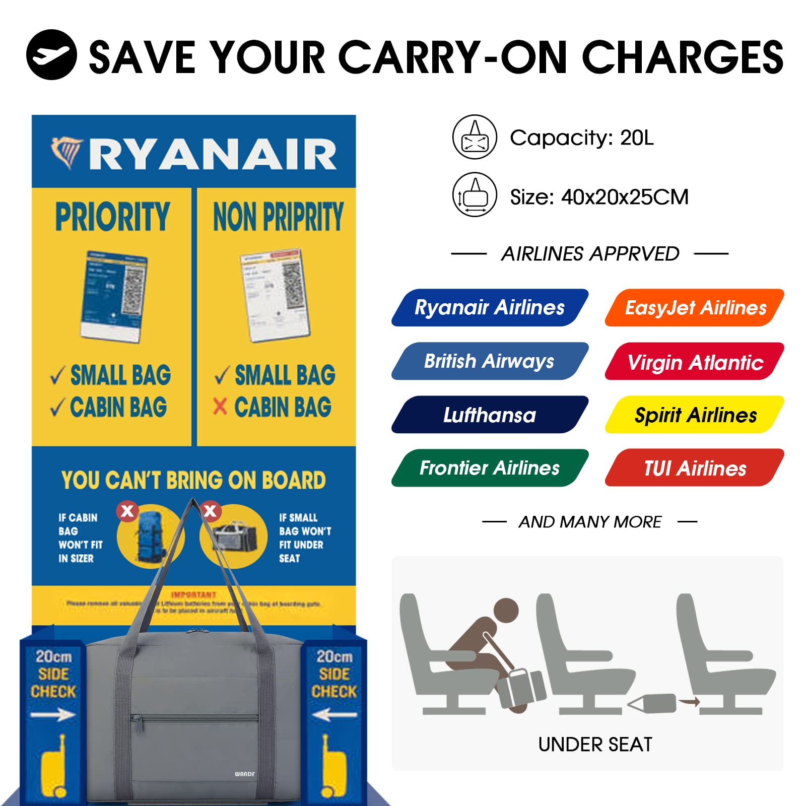 WANDF Ryanair Bagaż podręczny 40x20x25 cm Bagaż podręczny Torba podróżna Składany weekendowy bagaż podręczny dla mężczyzn i kobiet (szara 20L)