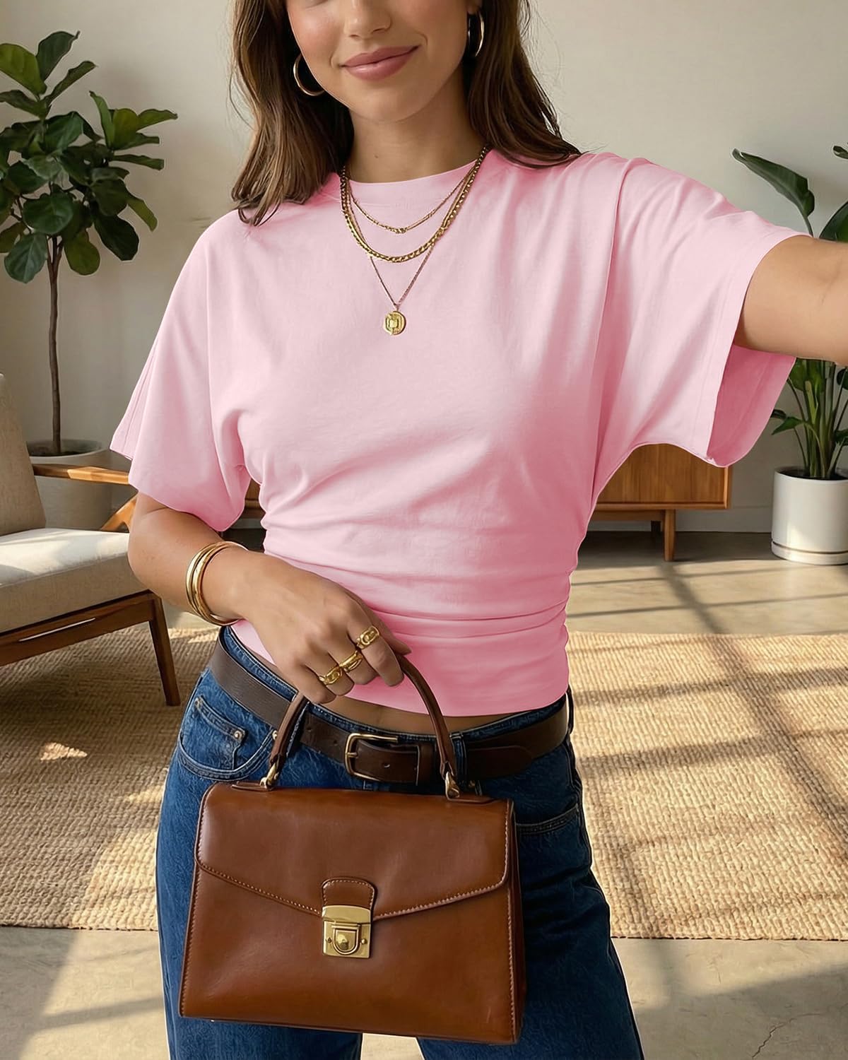 BAIGRAM Women Y2K Ruched Cinched Waist Crop Tee Tops Crew Neck Dolman Short Sleeve Fitted Tshirts Casual Solid Summer Outfits - Image 5