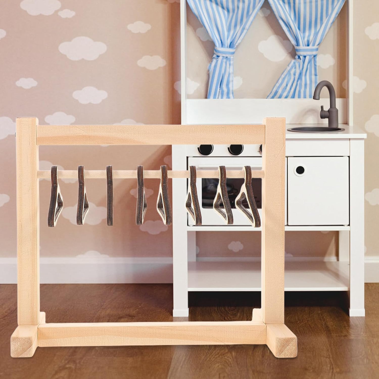 Uonlytech Miniature Doll Clothes Closet with Wooden Hangers Small Mini Doll Garment Rack for Dollhouse Furniture Accessories with 12 Mini Hangers for Room Decor