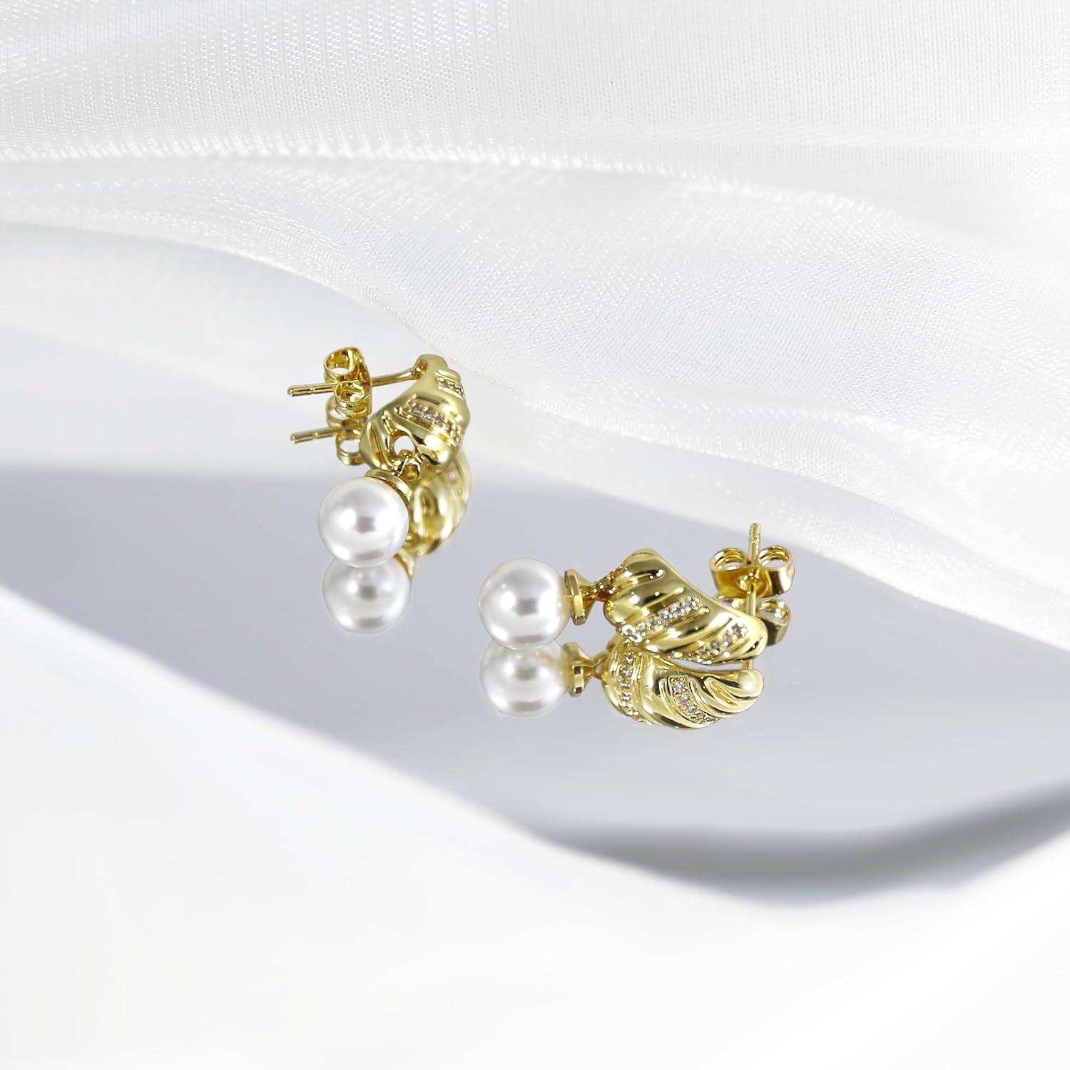 14K Gold Plated Pearl Drop Earrings, Trendy Statement Drop Dangle with Pearl Charms Dainty CZ Gold Stud Earrings for for Women, Daily Wear, Hypoallergenic Fashion Jewelry Gifts - Image 5