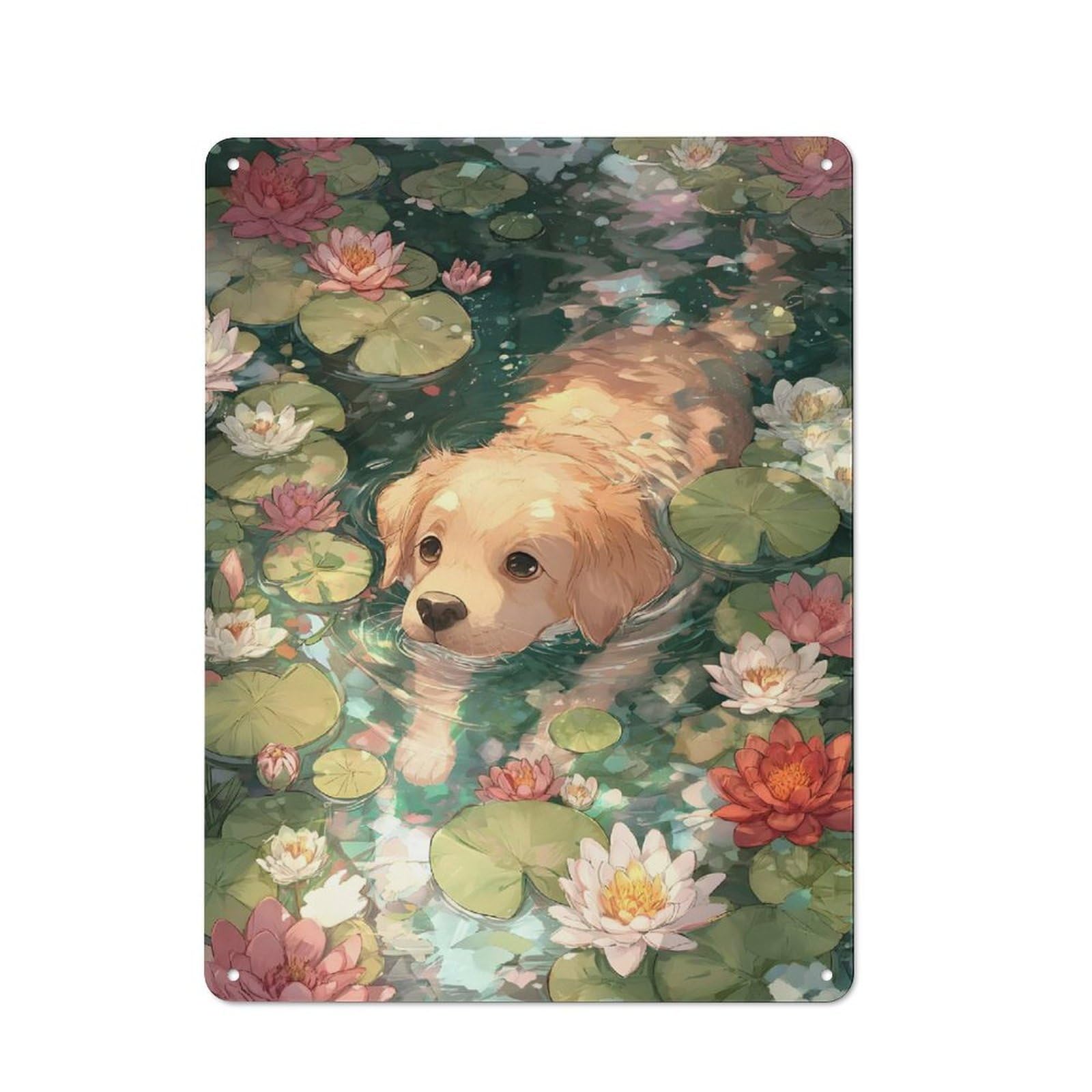 Junmoney Golden Retriever In Lily Pond Retro Metal Sign 40X30cm For Garage Wall, For Home Interiors And Metal Sign Collectors
