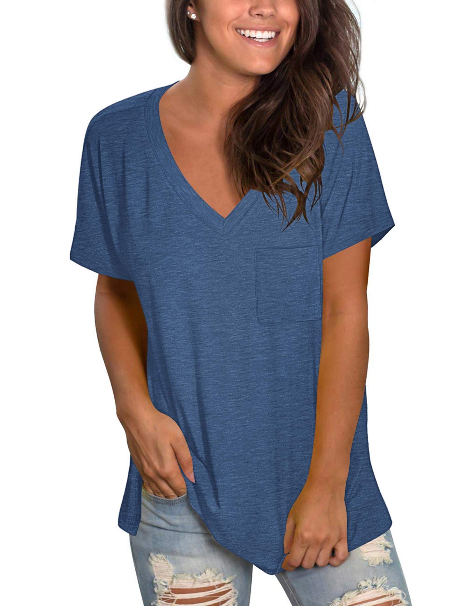 Molerani Women's Dark Blue Short Sleeve V-Neck Shirts Loose Casual Tee Summer Tops With Pocket (2Xl, )
