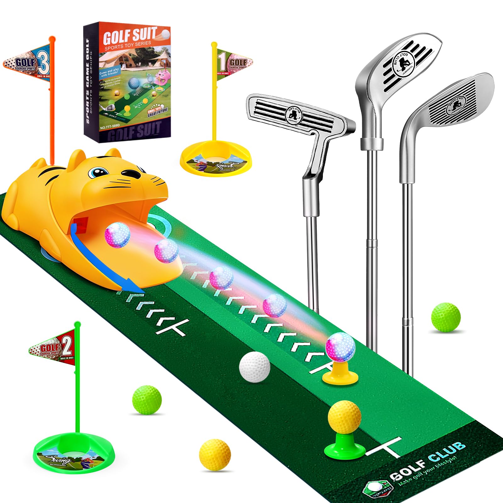 Cofvetia Kids Toy Golf Set with Automatic Golf Returner, White Golf Balls have Led Light Up Night, 3 Clubs, Putting Mat 3-8 Toddler Mini Golf Games, Indoor Outdoor Sports Toys for Boys Girls (Orange)