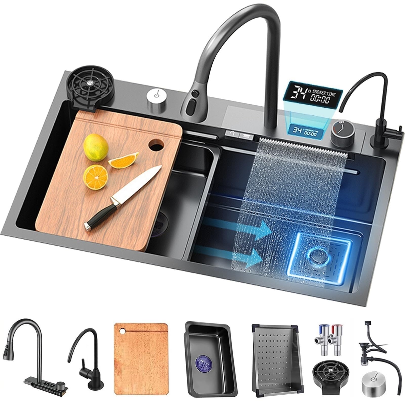 Fregadero de Cocina en Cascada, Fregadero Nano para estación de Trabajo, con Pantalla Digital y Grifo extraíble, con Accesorios (80x45x22CM)