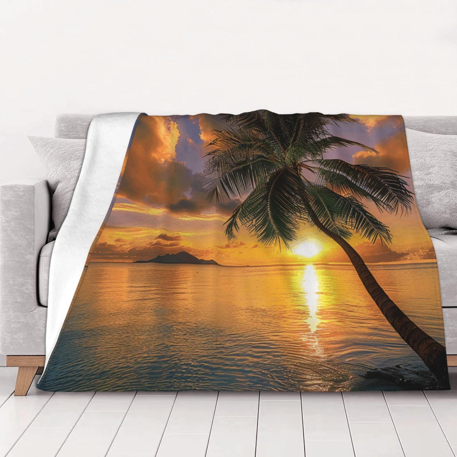 AUBKFELD Tropical Hawaii Palm Tree Sea Sunset Printed Flannel Blanket 200x150 CM, Soft & Warm Throw Blanket for Sofa/Couch/Bed/Car, Gifts for Audlts Women Men