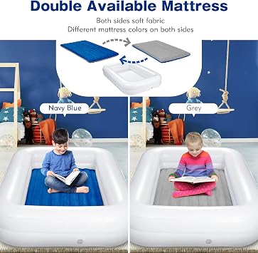 USHMA Toddler Travel Bed [4-Side] | Reversible 2 Colors Kids Air Mattress | Inflatable Toddler Bed | Portable Kids Blow Up Travel Bed with Sides, Navy Blue & Grey