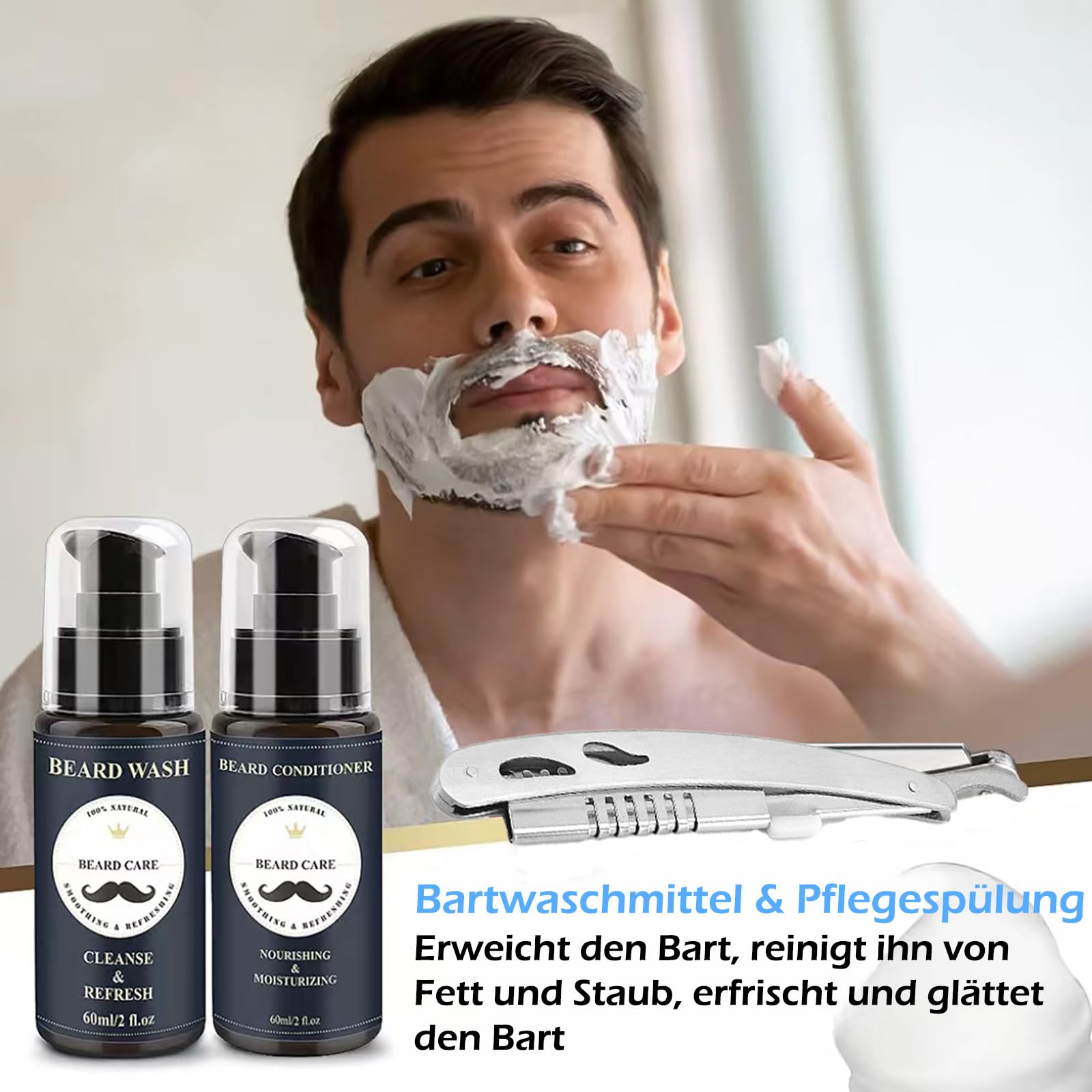 Joric Set per la cura della barba da uomo, con shampoo, olio per barba, balsamo per barba, balsamo per barba, set con spazzola, pettine, forbici