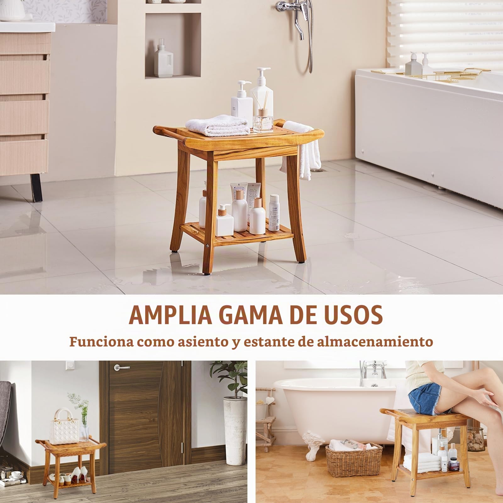 VEVOR Banco de Ducha de Teca de Madera Resistente al Agua con Estante de Almacenamiento, Asa y Patas Antideslizantes, Carga Máxima de 136,1 kg, para Uso en Interiores y Exteriores 560 x 365 x 470 mm