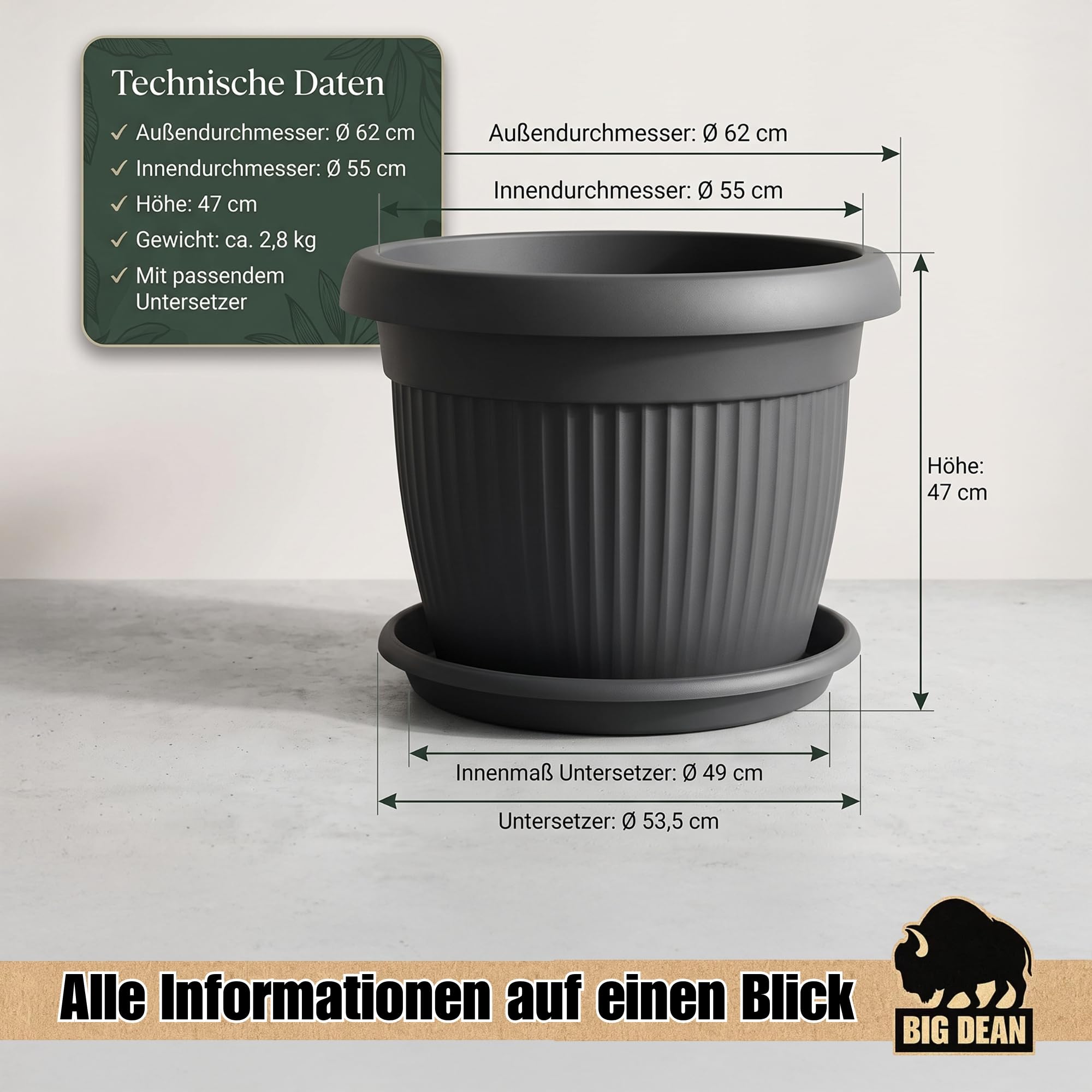 BigDean Pot de fleurs Jumbo 62 cm avec soucoupe Anthracite