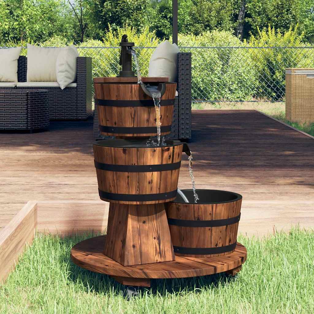 Mangloder Fontana da Giardino con Ruote e Pompa in Legno di Abete Massiccio Effetto Bruciato, 55 x 55 x 80 cm, Cascata a 3 Livelli per Giardino, Terrazzo, Esterno, Fontana Decorativa e Gioco Acqua