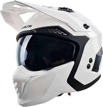 Motorcycle Crash Helmet Stealth Fighter ECE 22.06 Approved Multi Function Full Face & Open Face Helmet Removable Peak - Gloss White