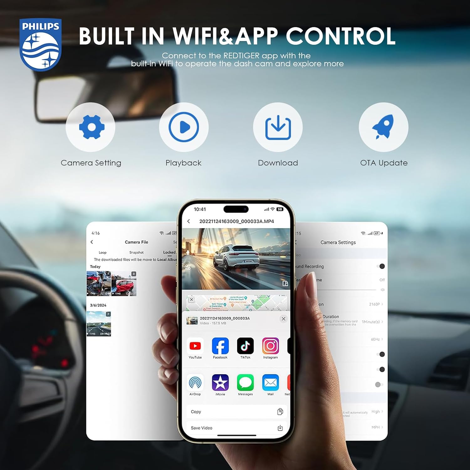 Philips CVR608 Dashcam showing app control interface on a smartphone