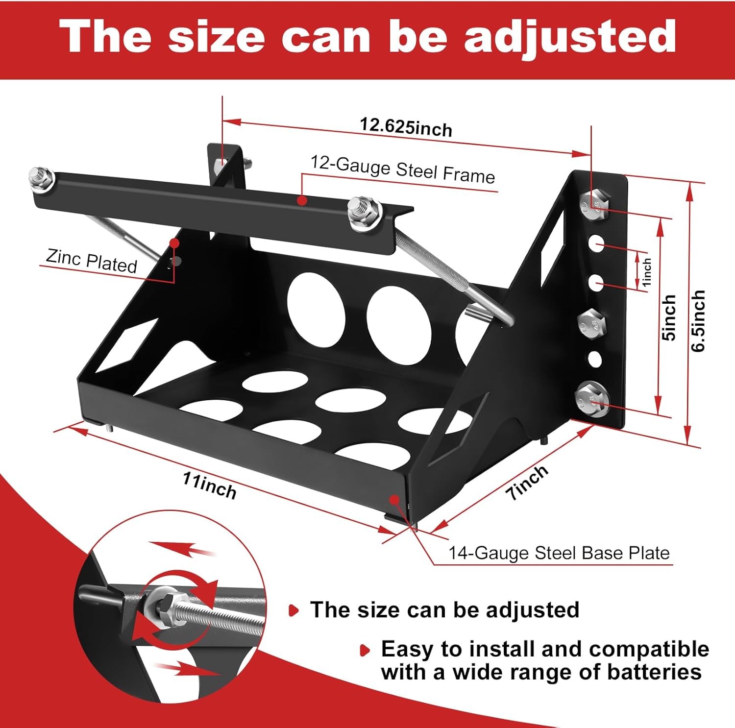 Heavy-Duty Metal Battery Mounting Tray Bracket – Universal Bolt-in Steel Battery Box for Cars, Trucks, Boats, RVs, and Trailers (Fits up to 10.63"×7.06"×7.5")