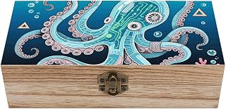 Vintage Wooden Storage Box with Hinged Lid, Mechanical Octopus | Natural Wood Keepsake Memory Box, Small Wood Organizer for Jewelry, Rings, Trinkets, Crafts, DIY Engraving, Home Decor Gifts