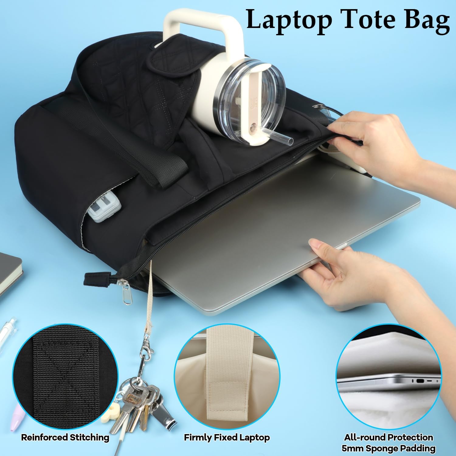 Work Tote Bag for Women with Large Front Cup Holder& 15.6 Inch Laptop Compartment, Lightweight Puffer Laptop Tote Bag with Long& Short Handle for Teacher Nurse Office Supplies Organizer (Black) - Image 7
