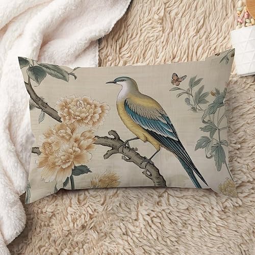 ArogGeld Almohadas de estilo chinoiserie amarillo y gris, diseño de flores amarillas, peonía, pavo real, decorativo, estilo chinoiserie, almohada