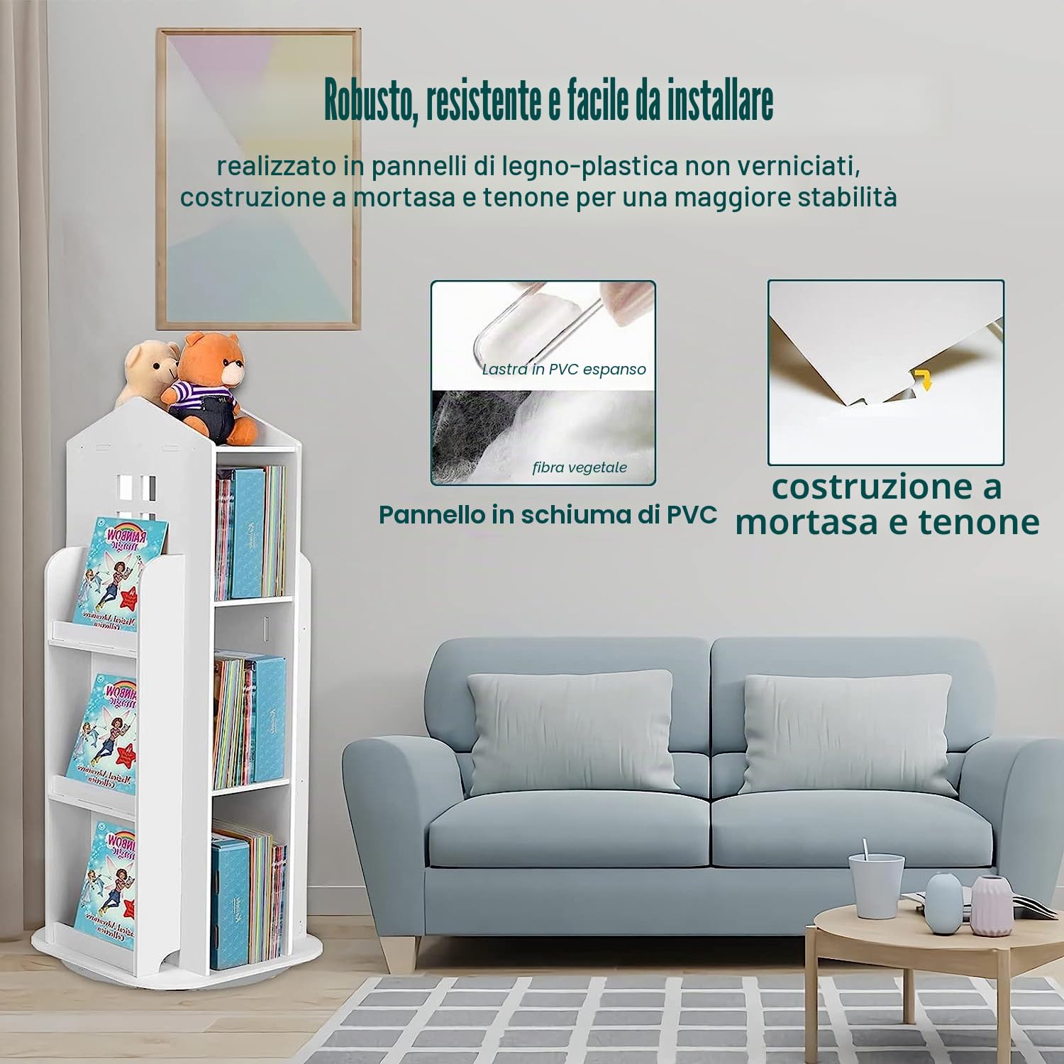 uyoyous Libreria girevole a 3 livelli, scaffale per libri per bambini, girevole a 360°, organizzatore per bambini, visualizzazione a pavimento, scaffale per stanza, bianco (37 x 16 x 16 cm), DEW10