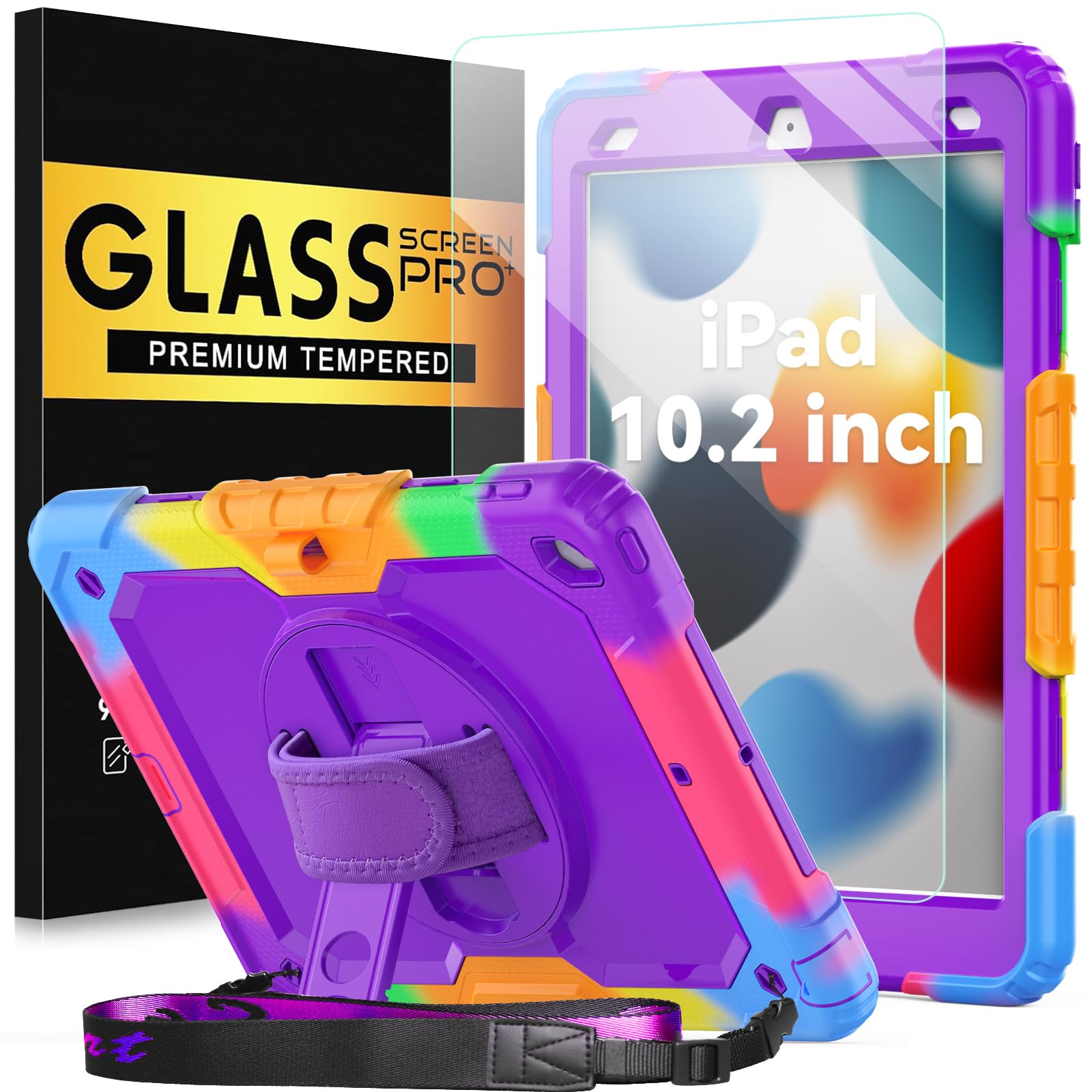 BLOSOMEET Case for iPad 9th/8th/7th Generation 2021/2020/2019 10.2 Inch with Tempered Glass Screen Protector & Pencil Holder,Protective Kids iPad 10.2 Case Cover w/Stand Hand Shoulder Strap,Black — Amazon image 14
