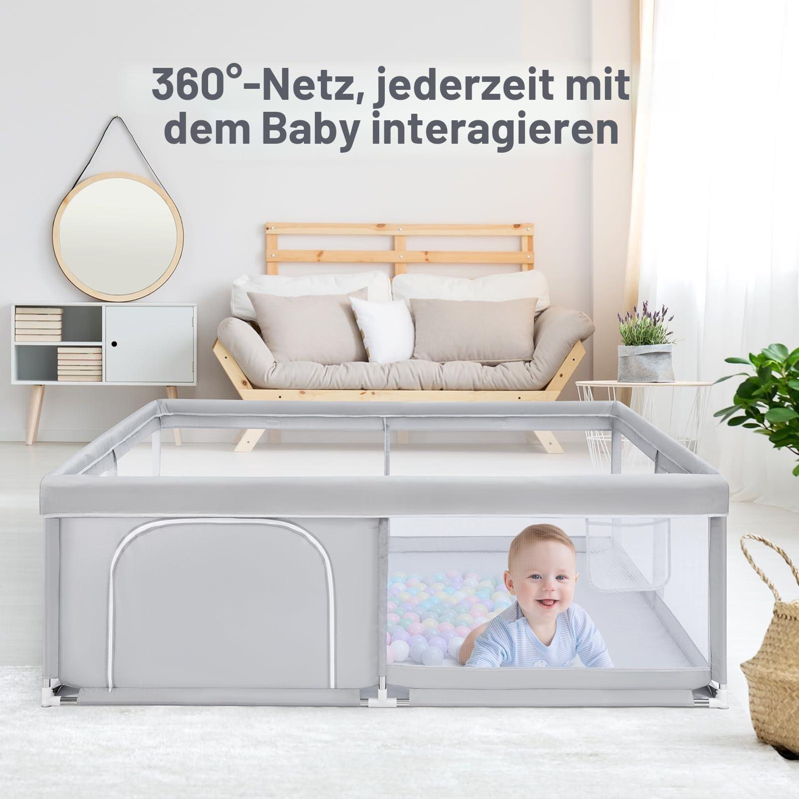 BEJOY Großer Laufstall Laufgitter XXL 180*200 cm, Kompakt und Stark, Schaumstoffschutz Rutschfester mit Transparentem, Atmungsaktivem Netz, Reißverschluss für Babys & Kleinkinder Indoor & Outdoor