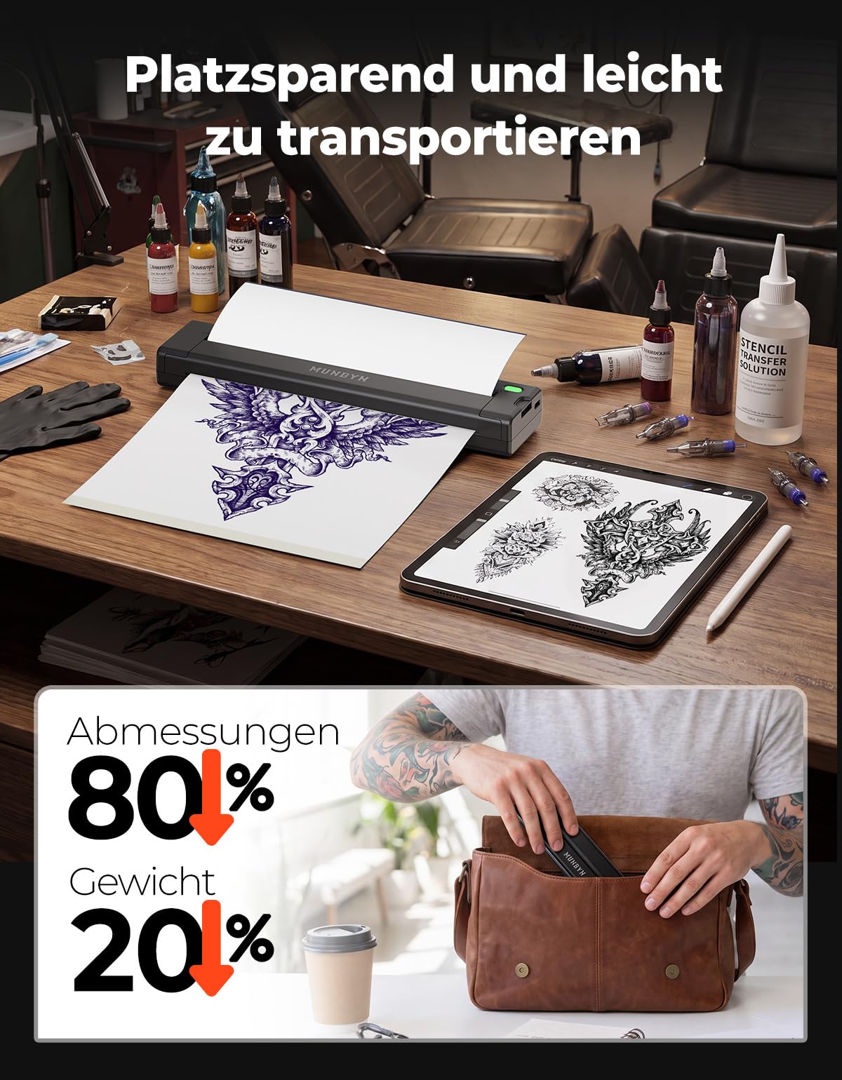 MUNBYN ITP05S Tattoo Drucker Bluetooth, Stencil Drucker, Tattoo Printer Thermodrucker mit 10 Blatt A4 Transferpapier, kompatibel mit Android, iOS, macOS und Windows, Schwarz