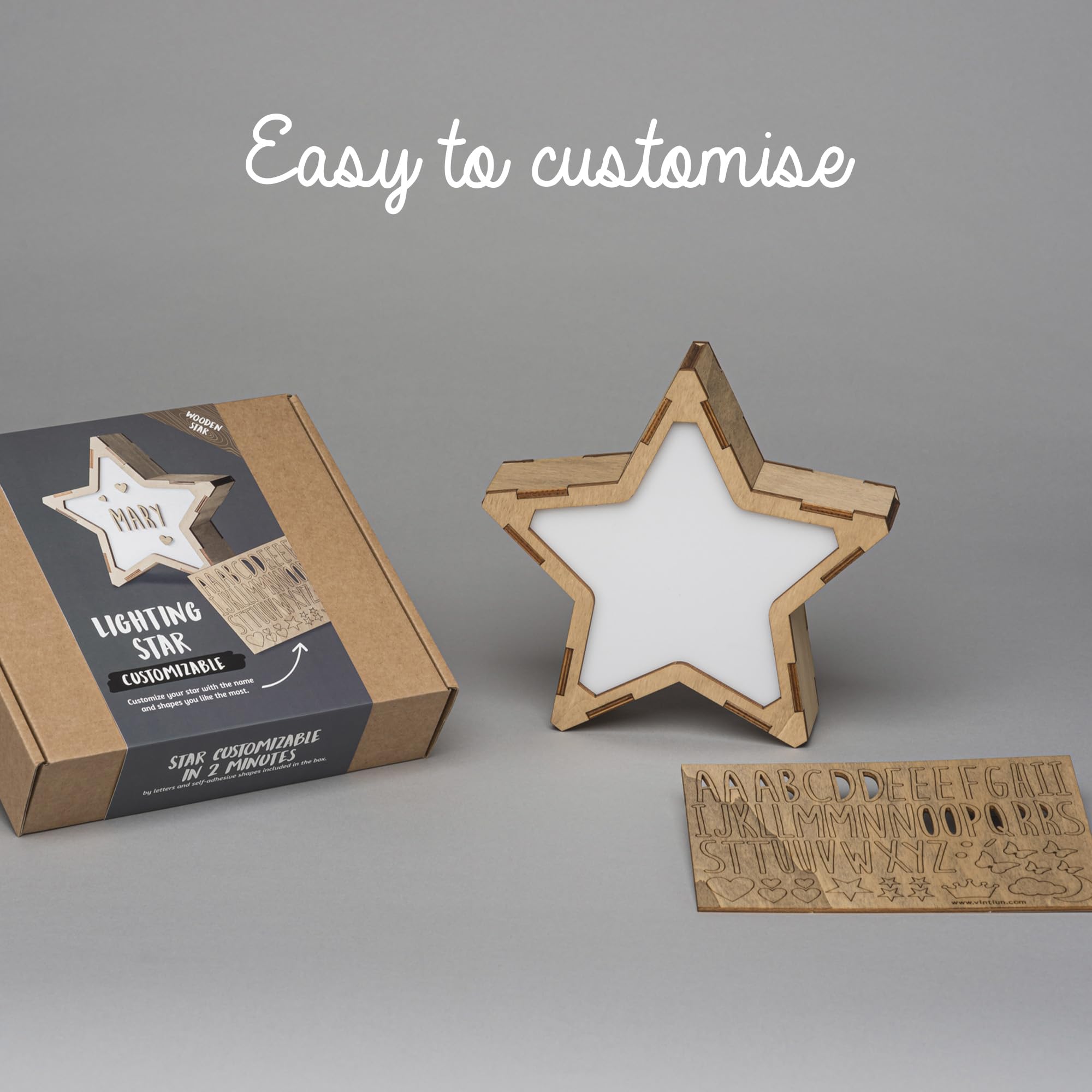 WONDEE Vintiun - Lámpara nocturna para bebé personalizada y luz nocturna infantil en forma de estrella 24 x 24 x 6 cm, regalo para bebé, nacimiento, personalizado, lámpara de noche, dormitorio LED
