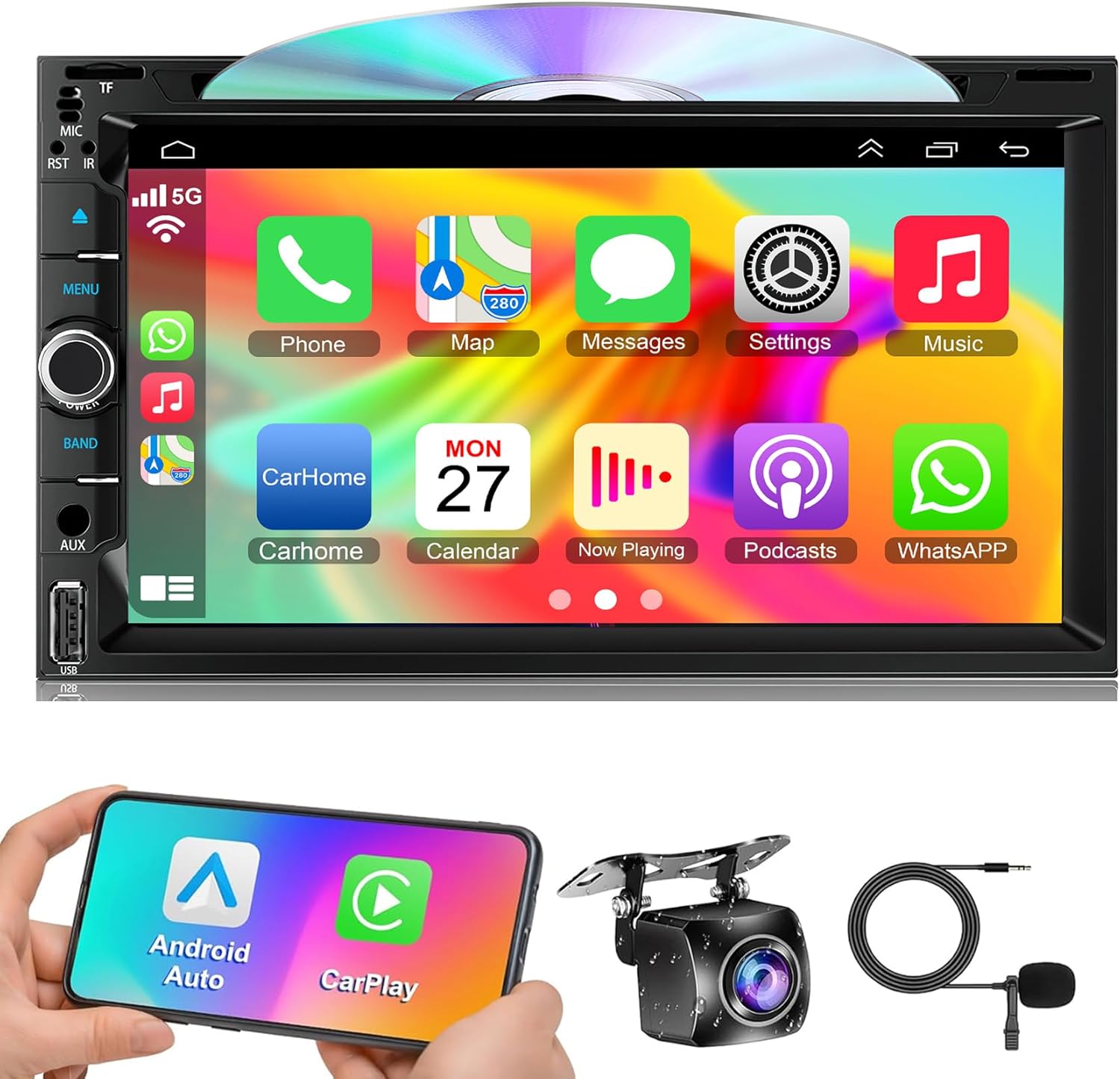 Double Din Car Radio Stereo with 7-Inch Touch Screen, Support CD/DVD Player,Wireless&Wired CarPlay/Android Auto, Bluetooth 5.2, Backup Camera Included, USB/TF/AUX, FM/AM Radio, EQ