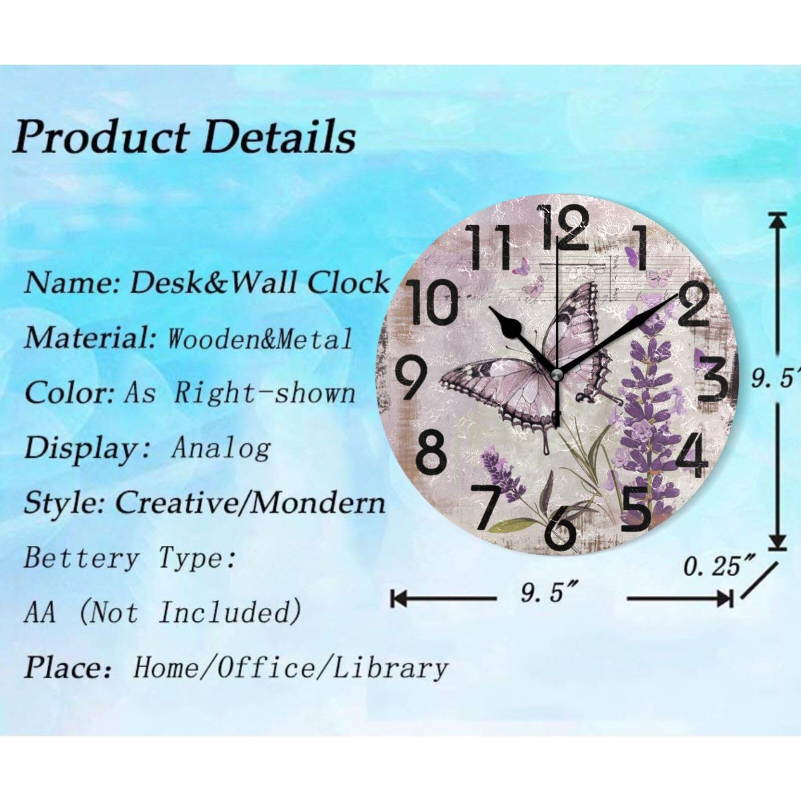 ZzWwR Pretty Retro Lavender Butterfly Art Round Wall Clock, 10 Inch Analog Quiet Non Ticking Desk Clock for Home Kitchen/Living Room/Bedroom/Bathroom/Office