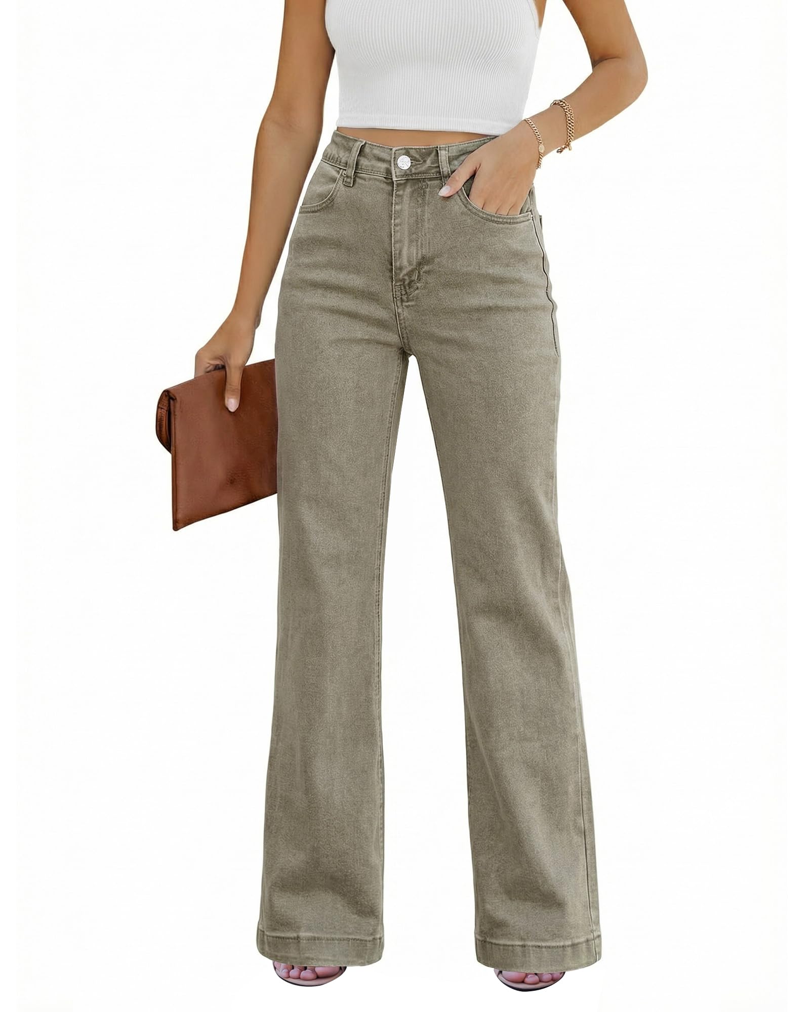GRAPENT Flare Jeans for Women High Rise Wide Leg Baggy Stretchy Denim Pants | High Waisted Jeans for Women Trendy, Flare Bootcut Style, 4 Pockets, Distressed Wash, Casual Office Wear, Daily Jean Pants