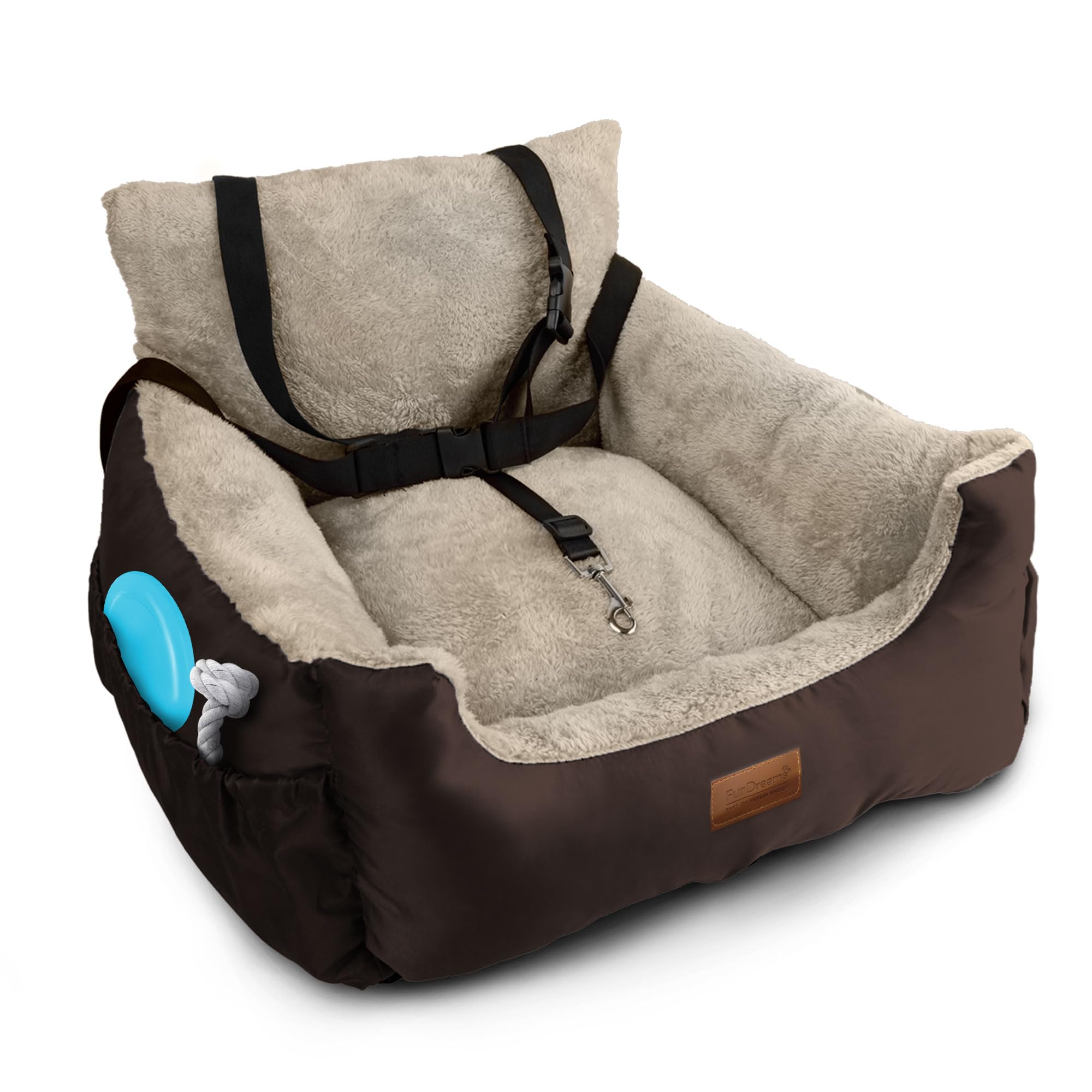 Furdreams Dog Car Seat, Plush & Cosy Pet Car Booster Seat for Small Dogs & Cats with Storage Pocket, Dog Bed with Safety Leash, Waterproof Liner & Non-Slip Base Travel Bed, 50x50x20cm (Brown/Beige)