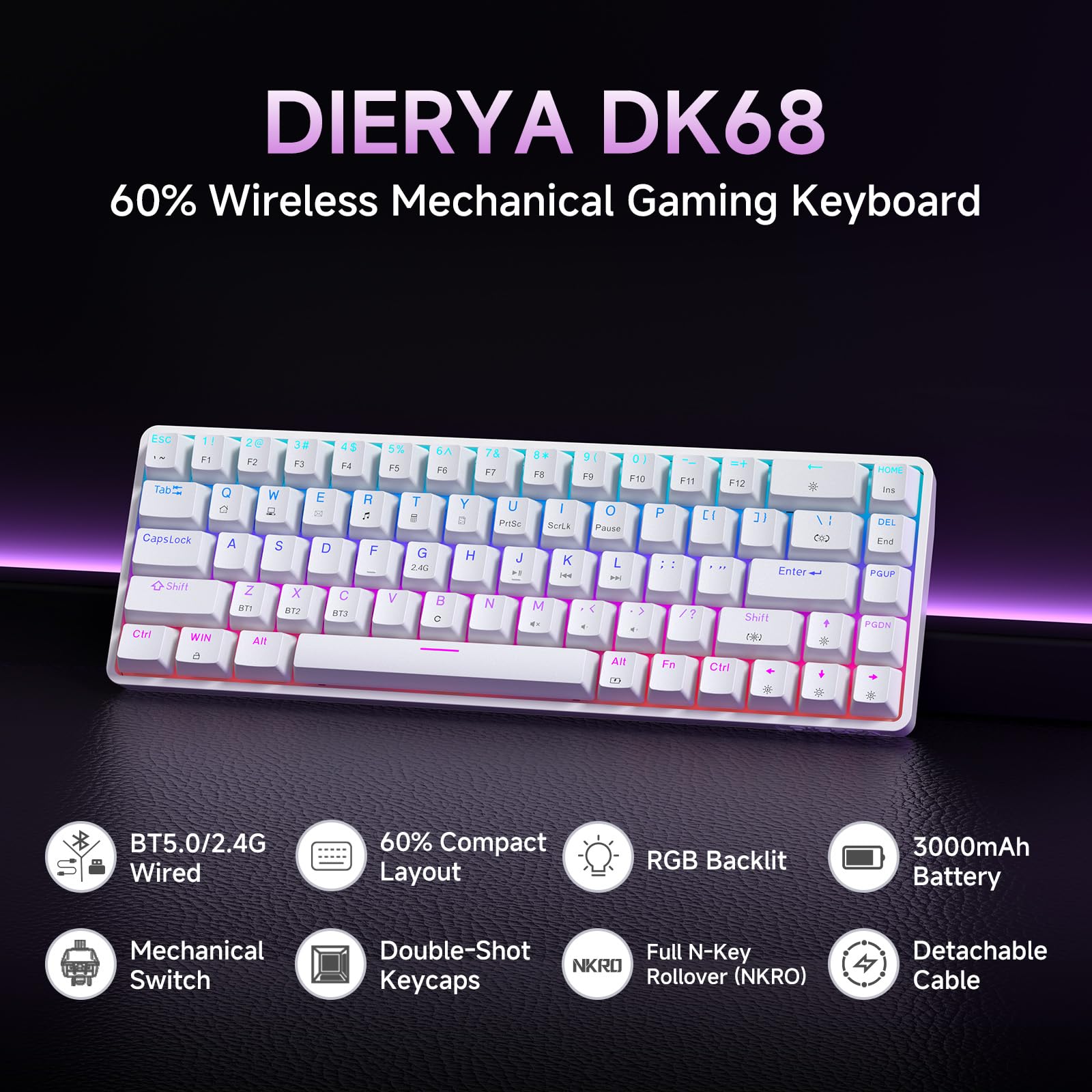 Dierya DK68 Teclado Mecánico Gaming Inalámbrico,60% Layout Compacto 68 Teclas con Triple Modo-Bluetooth/2.4G/Type-C,Red Switch Gamer Mechanical RGB Keyboard para PC/Win/Mac,QWERTY,Blanco