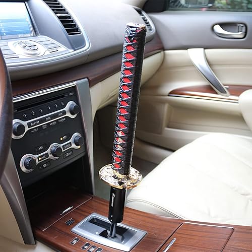 Miniatura 2 de RYANSTAR - Pomo de palanca de cambios universal con diseño de mango de Katana Samurai, palanca de cambios de engranaje (metal), color rojo y negro