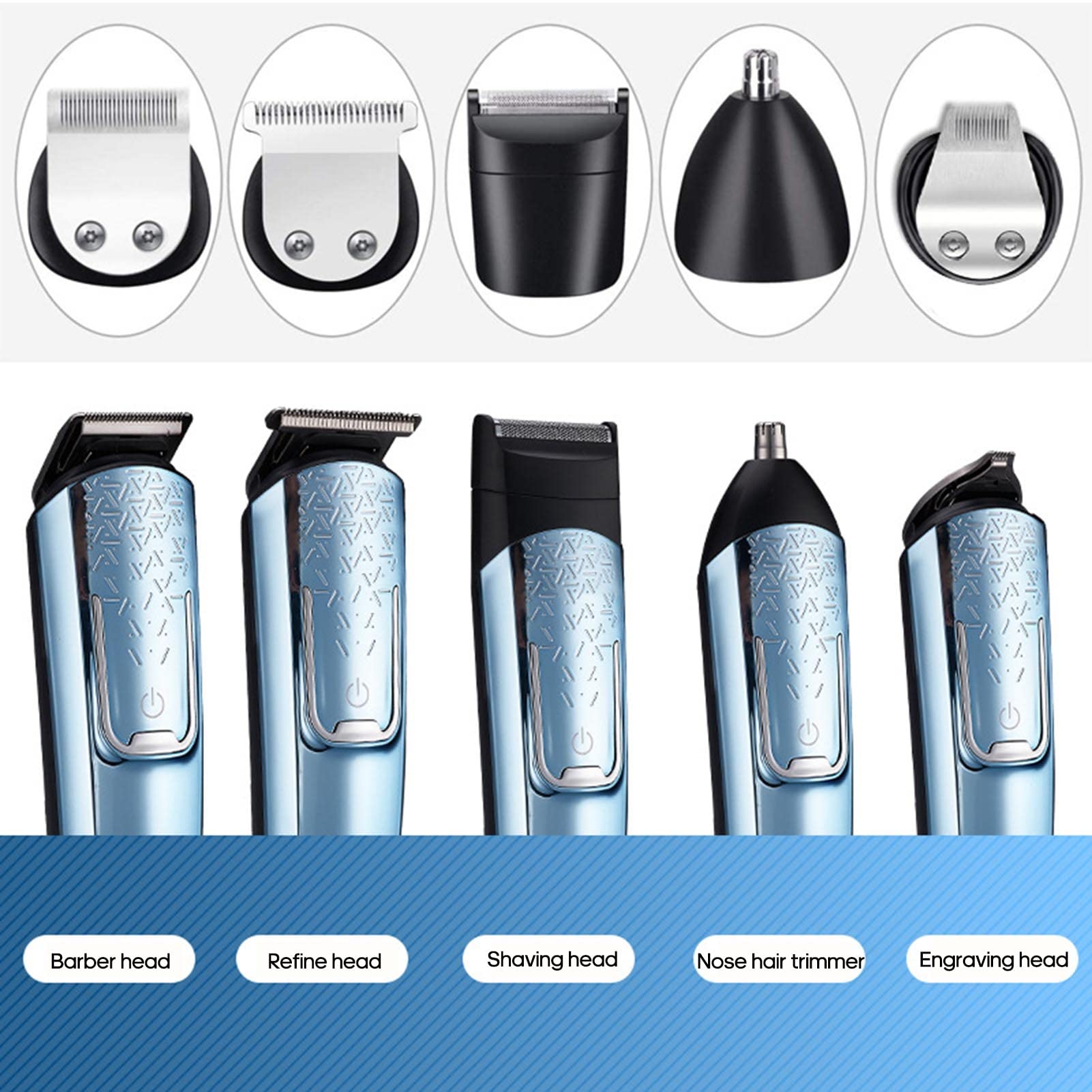 Brrnoo Elektrisches Haarschneideset für Männer, Kabellos Wiederaufladbar | USB Wiederaufladbar, 1000-mAh-Akku für 120-minütige Nutzung, 5 Austauschbare Köpfe, ABS-Gehäuse, für den Heim- und