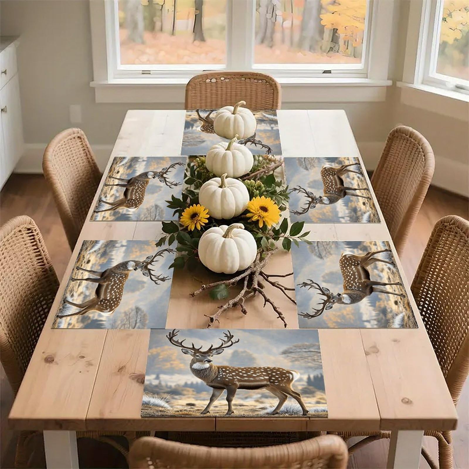 Deer Pattern Placemats Wipeable Heat Resistant Table Mats Washable Flax Place Mats Elegant Cloth Non-Slip Placemat for Kitchen Dinning Party Table Decor 12 * 18 in