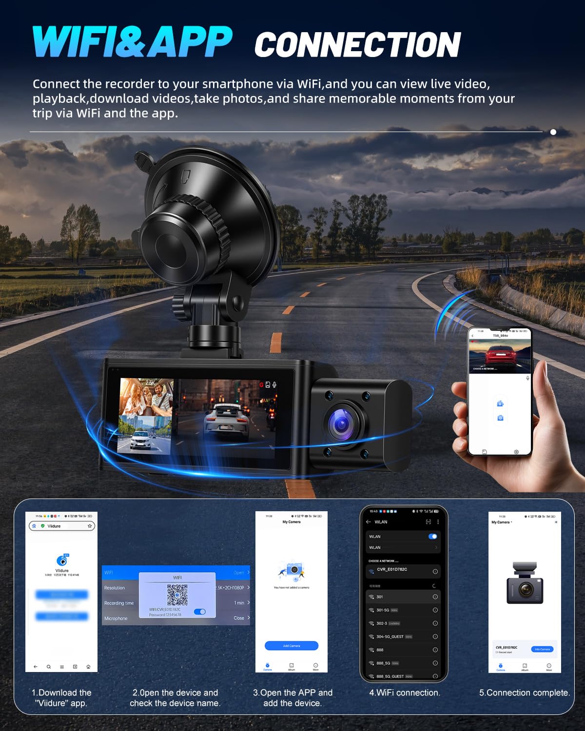 NHOPEEW Dash CAM 360° 2.5K con Cámara Frontal, Interior y Trasera, WiFi GPS Cámara para Coche, Visión Nocturna, Grabación en Bucle, G-Sensor, Tarjeta 64GB