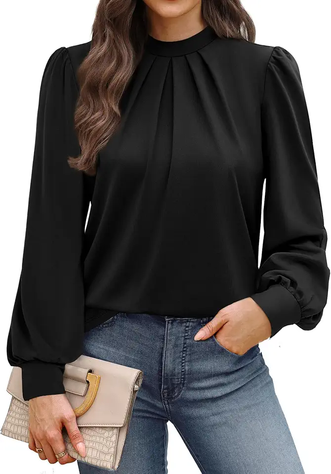 WIHOLL Long Sleeve Shirts for Women Mock Neck Tops Pleated Front Blouses Dressy Casual Fall Clothes 2025 Fashion