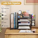 7 code Organisateur de bureau avec support de fichier, 5-Tier Organisateur de bac à papier lettre avec tiroir & Porte-stylos, Organisateurs d'accessoires de bureau et de rangement, 2 Support de magazines pour fournitures de bureau (noir)