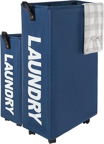 Caroeas Cestas de lavandería XL delgadas de 27 pulgadas de alto con mango de cuero (8 colores), cesta de la colada sobre ruedas, cesta plegable para