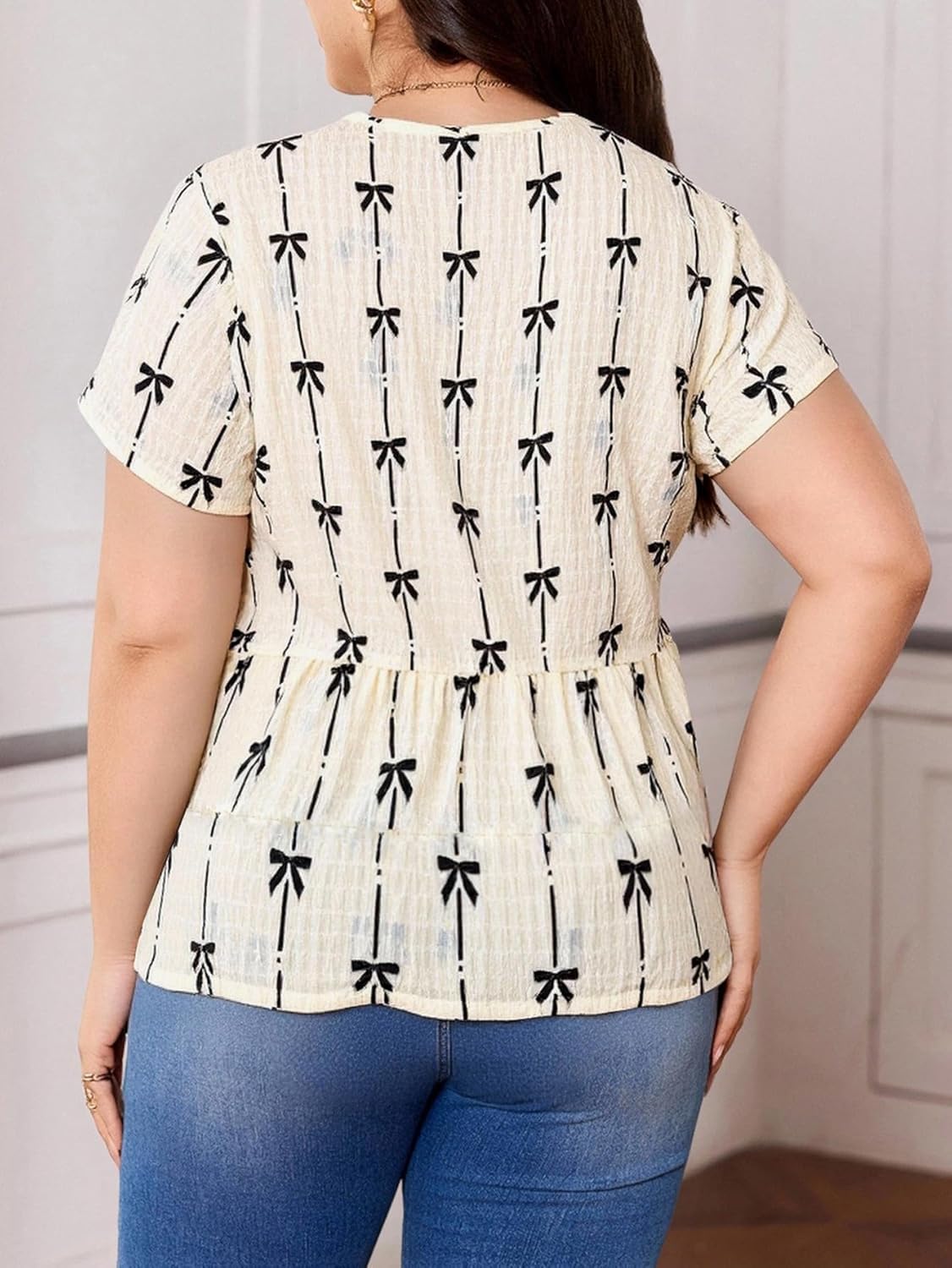 Women's Plus Size Bow Print Tiered Ruffle Blouse Summer Dressy Casual Short Sleeve Cute Tops - Image 2