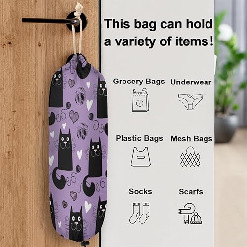 Miniatura 3 de Soporte para bolsa de plástico, lindo fondo morado con gatos negros, soporte para bolsa de comestibles, dispensador de bolsas de plástico colgantes