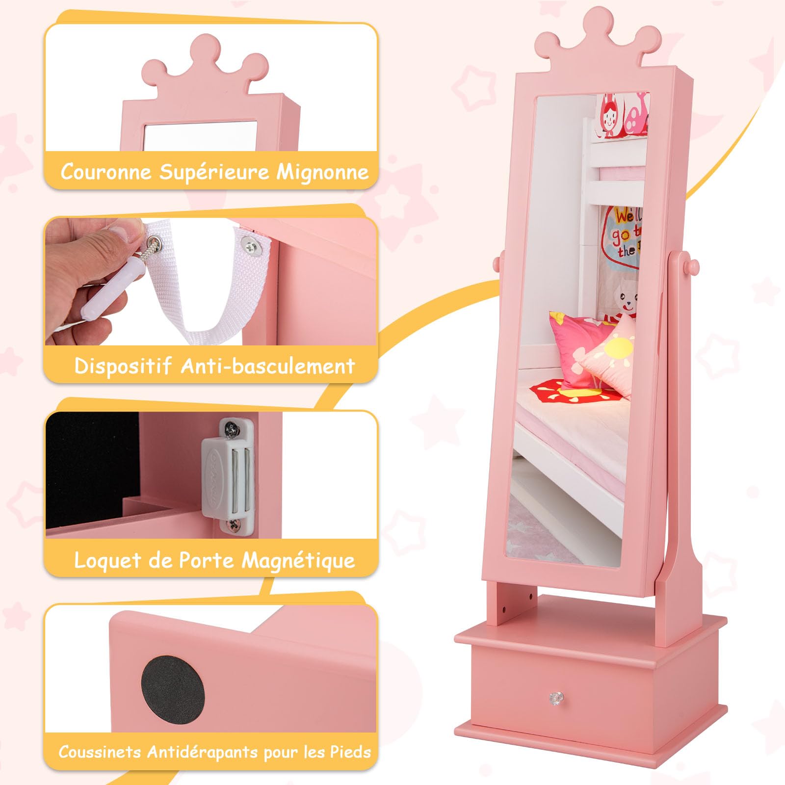 GOPLUS - Armario de joyería infantil con espejo de longitud completa, organizador de joyas con 3 cajones y 4 estantes de almacenamiento, 13 ganchos y 18 ranuras para pendientes, rosa (Pink)