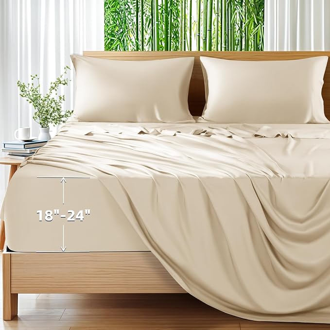 Shilucheng 100% Viscose Derived from Bamboo_Sheets, Extra Deep Pocket Sheets Fits 18"-24" Thick Mattress, Cooling & Breathable Bed Sheets 4Pcs, Hotel Silky Bedding Set (King,Dark Grey)