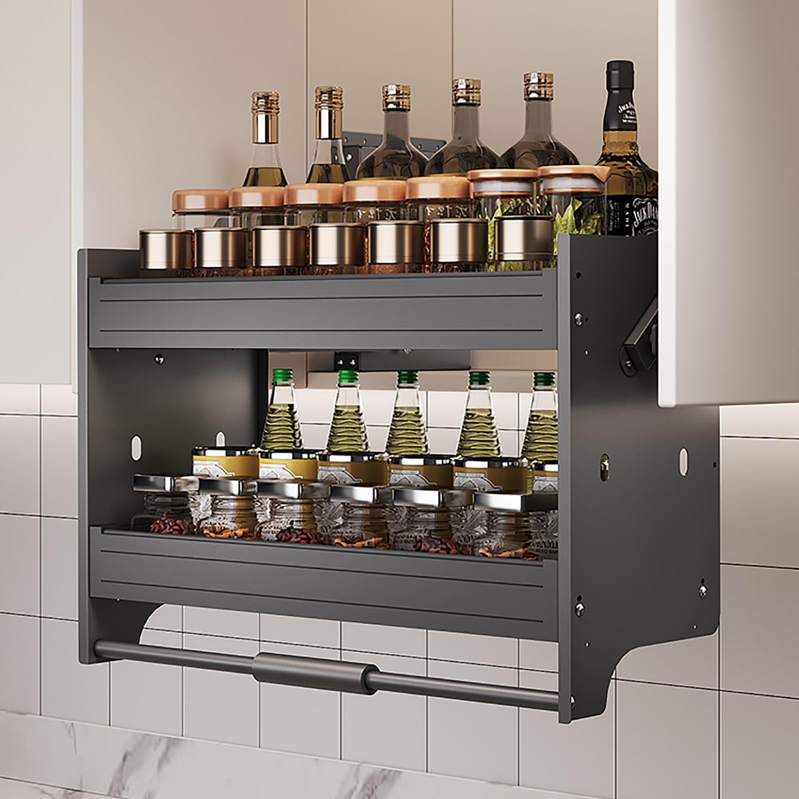 OLSKFUH Adjustable Upper Kitchen Wall Cabinet Storage Organizer 2-Tier,Spice And Dishes Pull Out Cabinet Storage Shelf, Heavy-Duty Pull Out And Down Shelf,22.2