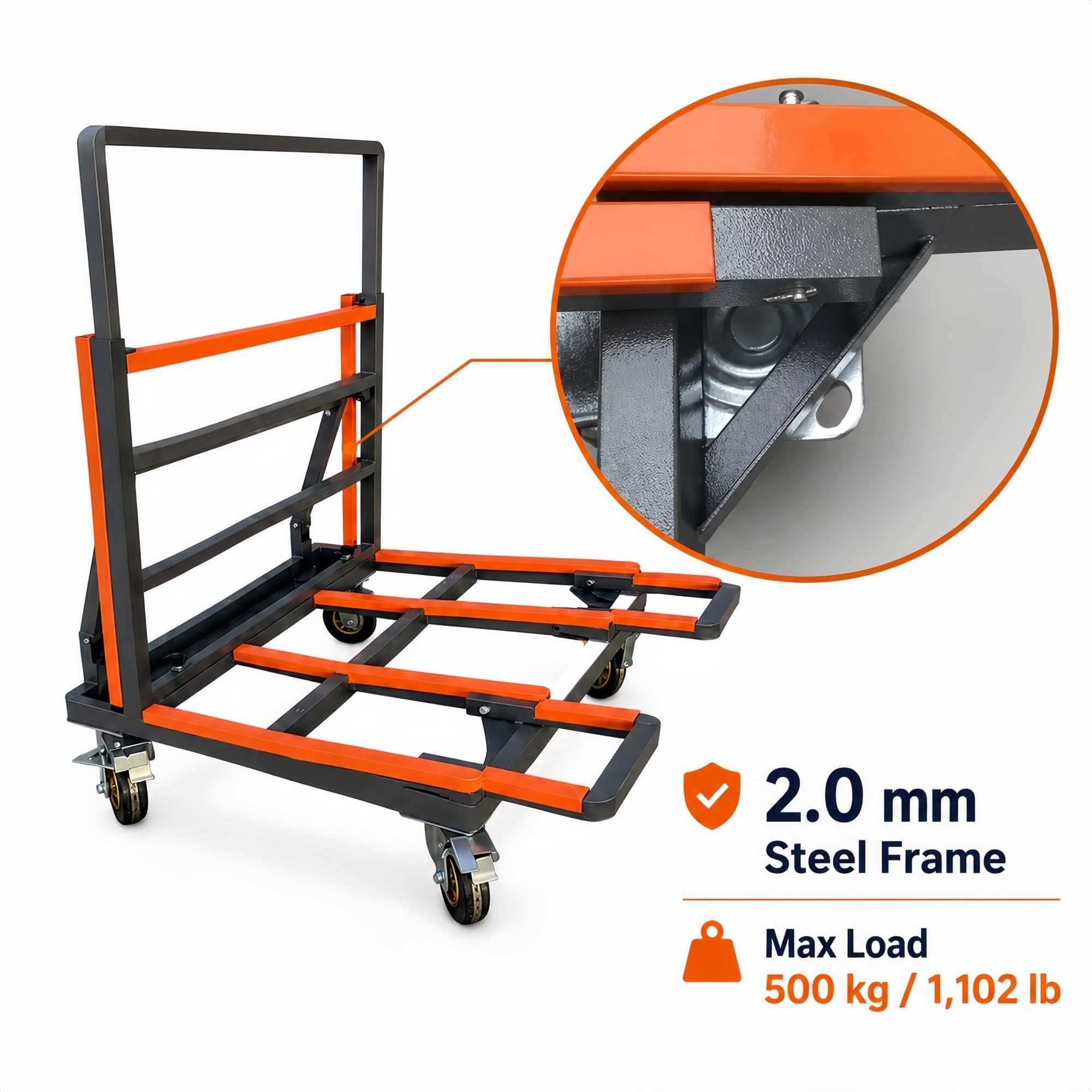 Klappbarer Transportwagen for Glasplatten, Steinplatten und Türen | Verstellbare Stützleiste mit Gummipads for flexible Plattenablage(4SWIVEL CASTERS,6INCH)