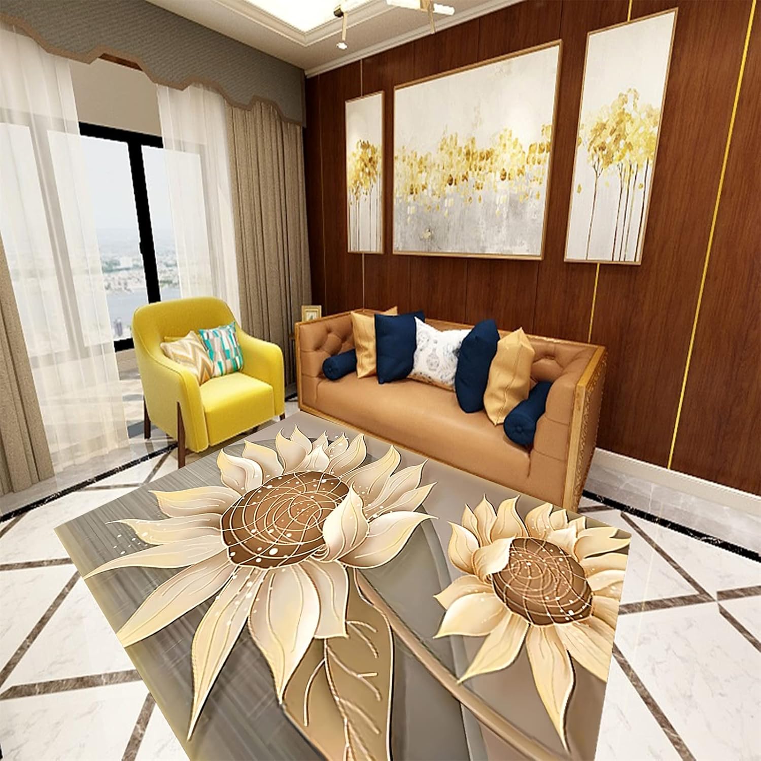 Modern Sunflower Floral Area Rug,3x5ft, Simple Chic Boho Style Soft Flower Floor Mats Gold Dot Grey Washable Rugs with Rubber Backed for Classroom Dorm Playroom Entryway Laundry Home Decor