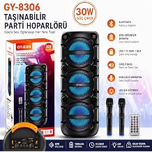 GY-8306 Ta nabilir Bluetooth Hoparl r, 30W,  ift Karaoke Kablosuz Mikrofon,  arjl , FM Radyo, USB/TF Kart/AUX, Siyah