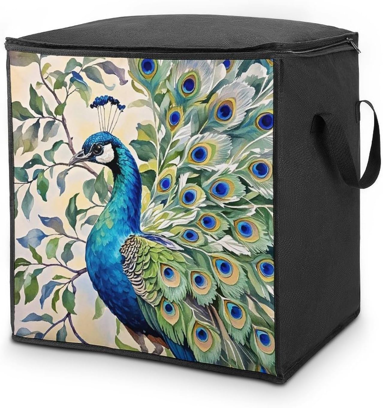Large Peacock Watercolor Painting Storage Bags with Handle Foldable Closet Organizers Clothes Storage Bins Bedding Storage Containers Fabric Moving Bags Blanket Comforter Storage Bag 70L